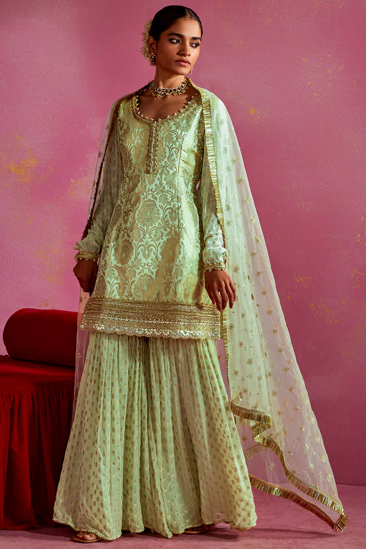 Mint Lurex Dobby Party Wear Sharara Set by Mustard Moon by Neyha and Vrinda at Pernia's Pop Up Shop