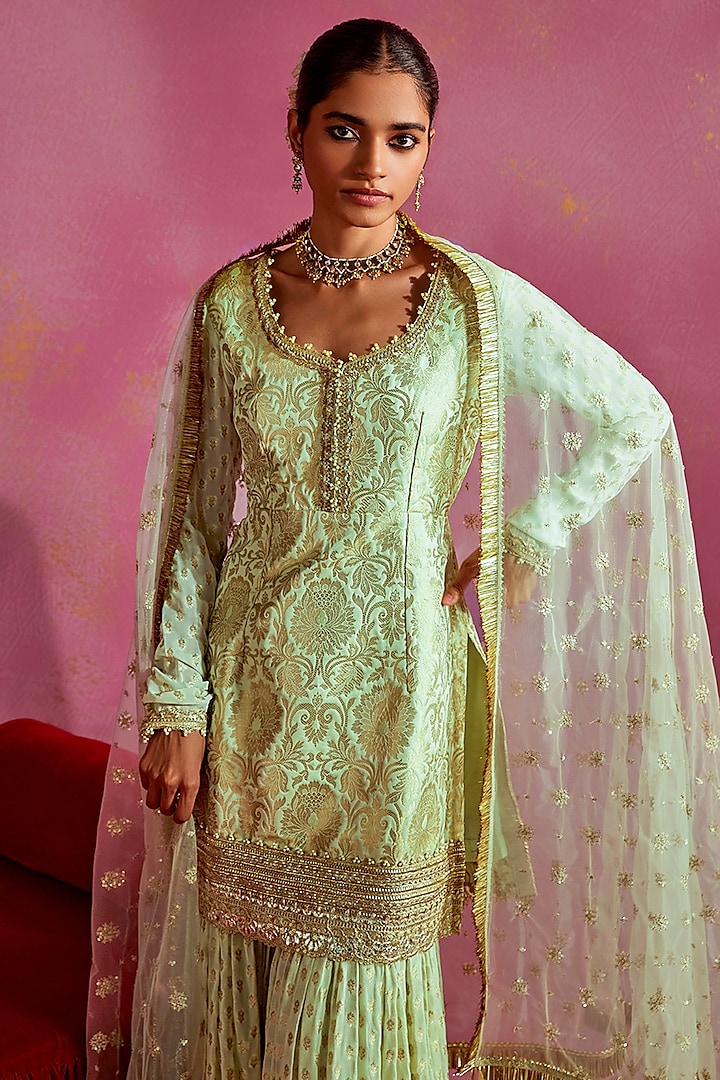 Mint Lurex Dobby Party Wear Sharara Set by Mustard Moon by Neyha and Vrinda at Pernia's Pop Up Shop