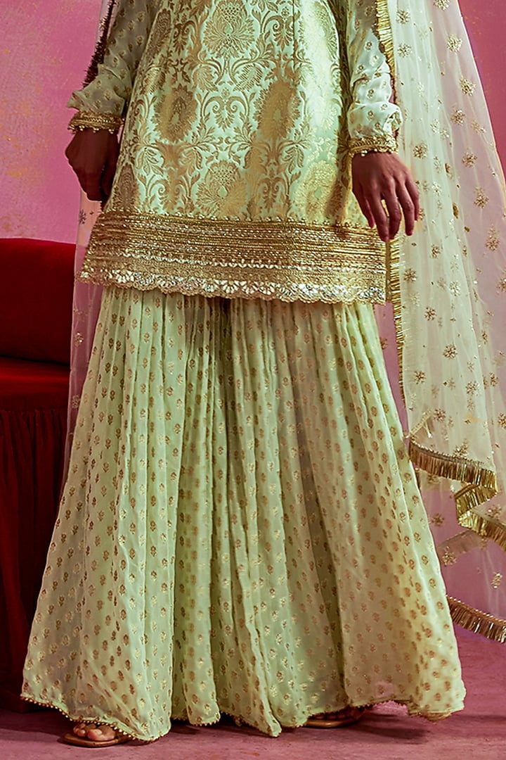 Mint Lurex Dobby Party Wear Sharara Set by Mustard Moon by Neyha and Vrinda at Pernia's Pop Up Shop