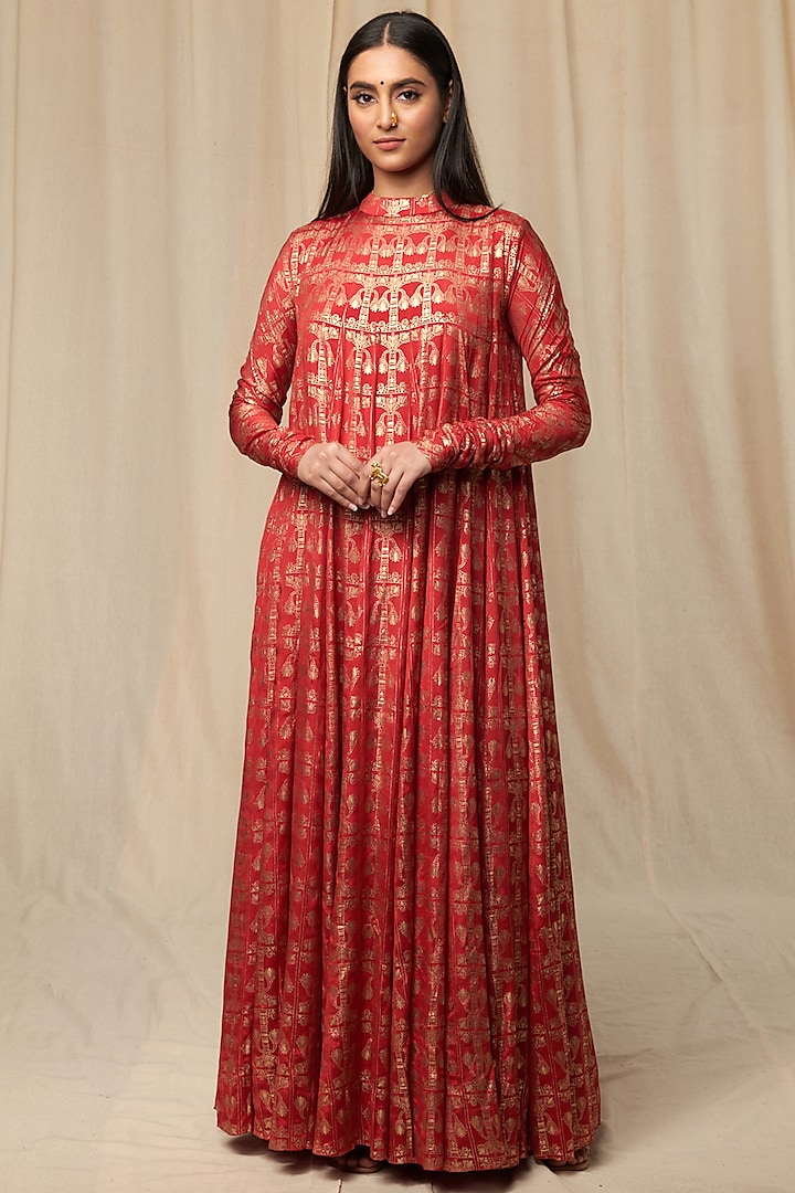Scarlet Chiffon Gold Tree Trunk Wedding Anarkali Set by Masaba at Pernia's Pop Up Shop