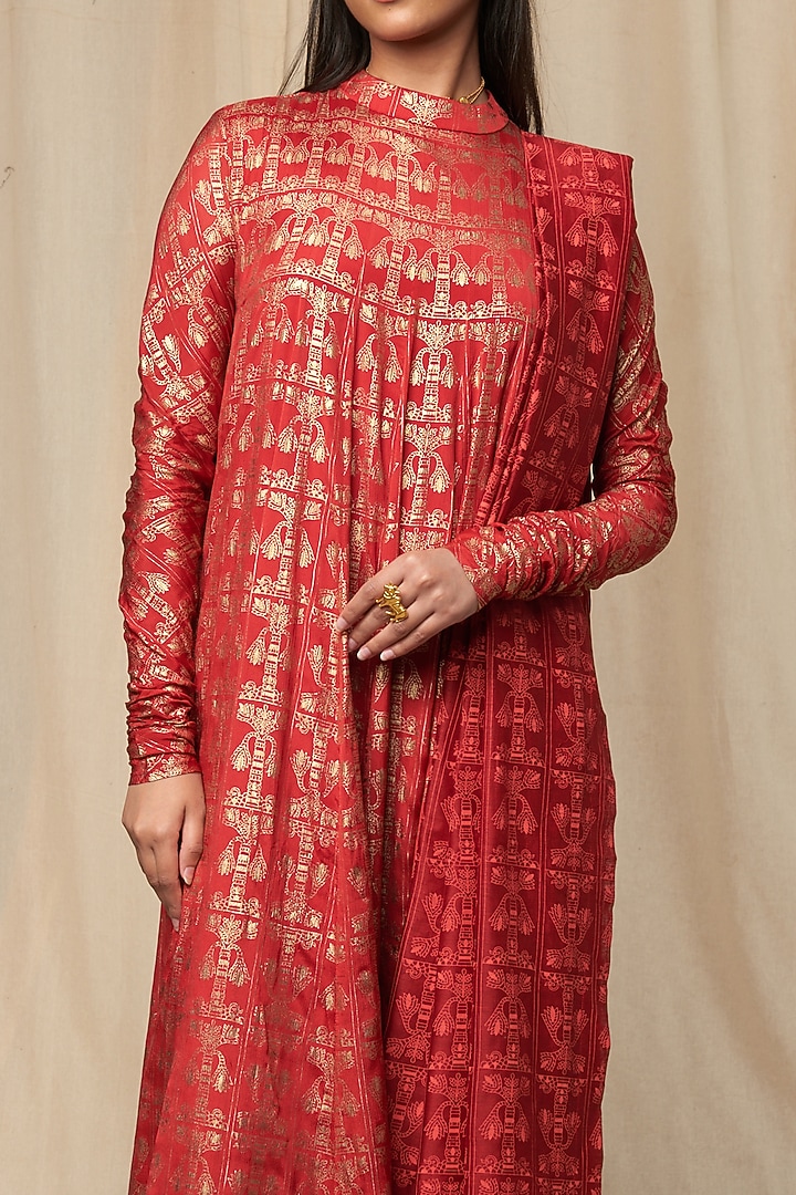 Scarlet Chiffon Gold Tree Trunk Wedding Anarkali Set by Masaba at Pernia's Pop Up Shop
