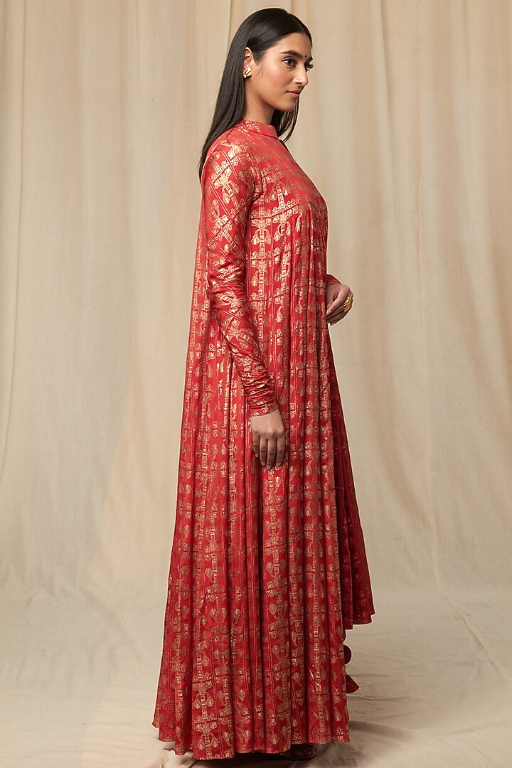 Scarlet Chiffon Gold Tree Trunk Wedding Anarkali Set by Masaba at Pernia's Pop Up Shop