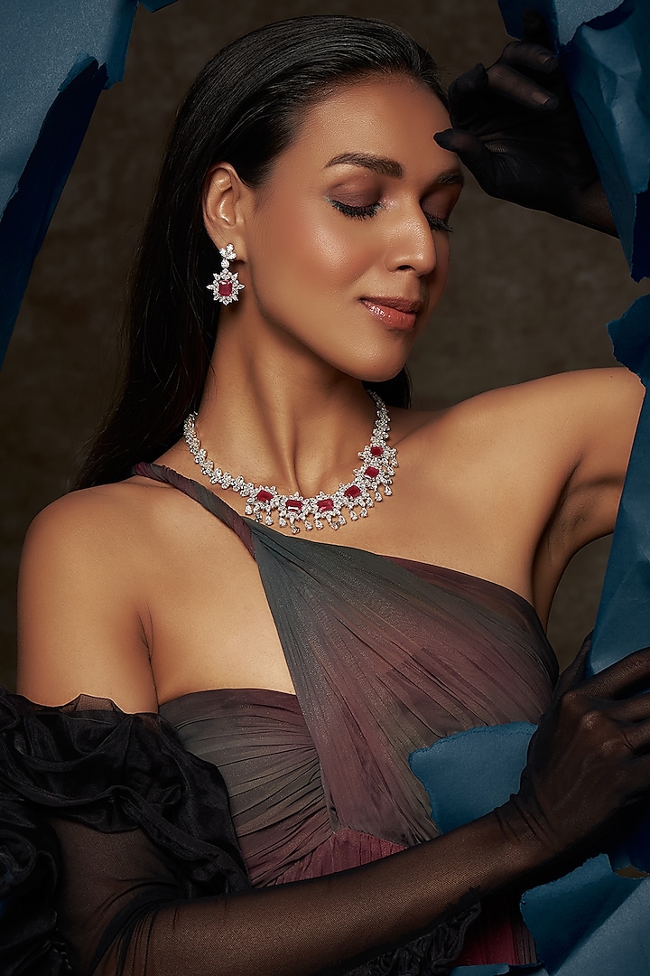 Designer Semi-Precious American Diamond & Ruby Necklace with