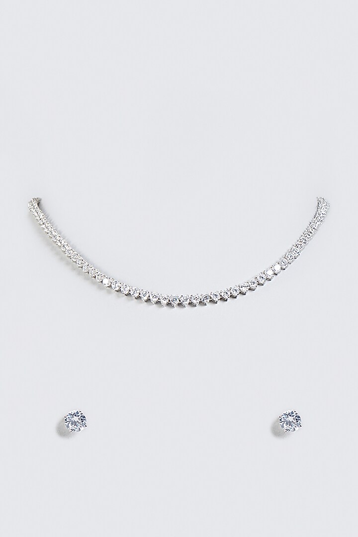 White Finish Solitaire Necklace Set In Sterling Silver by Mon Tresor at Pernia's Pop Up Shop