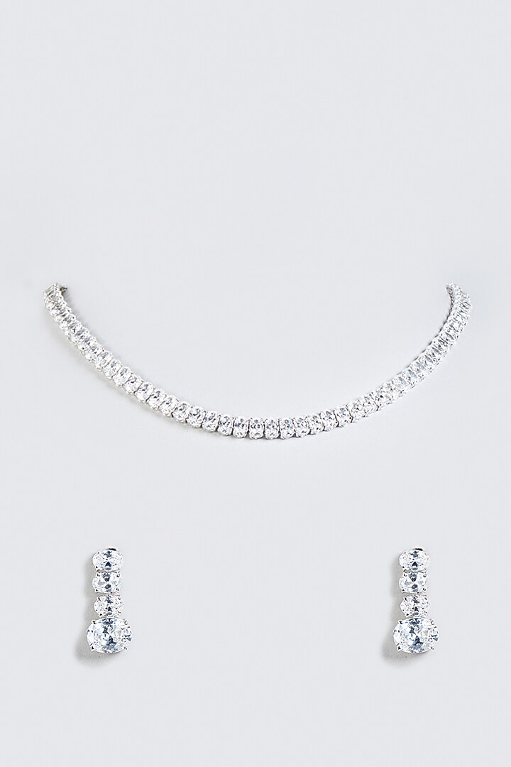 White Finish Oval Solitaire Zirconia Necklace Set In Sterling Silver by Mon Tresor at Pernia's Pop Up Shop