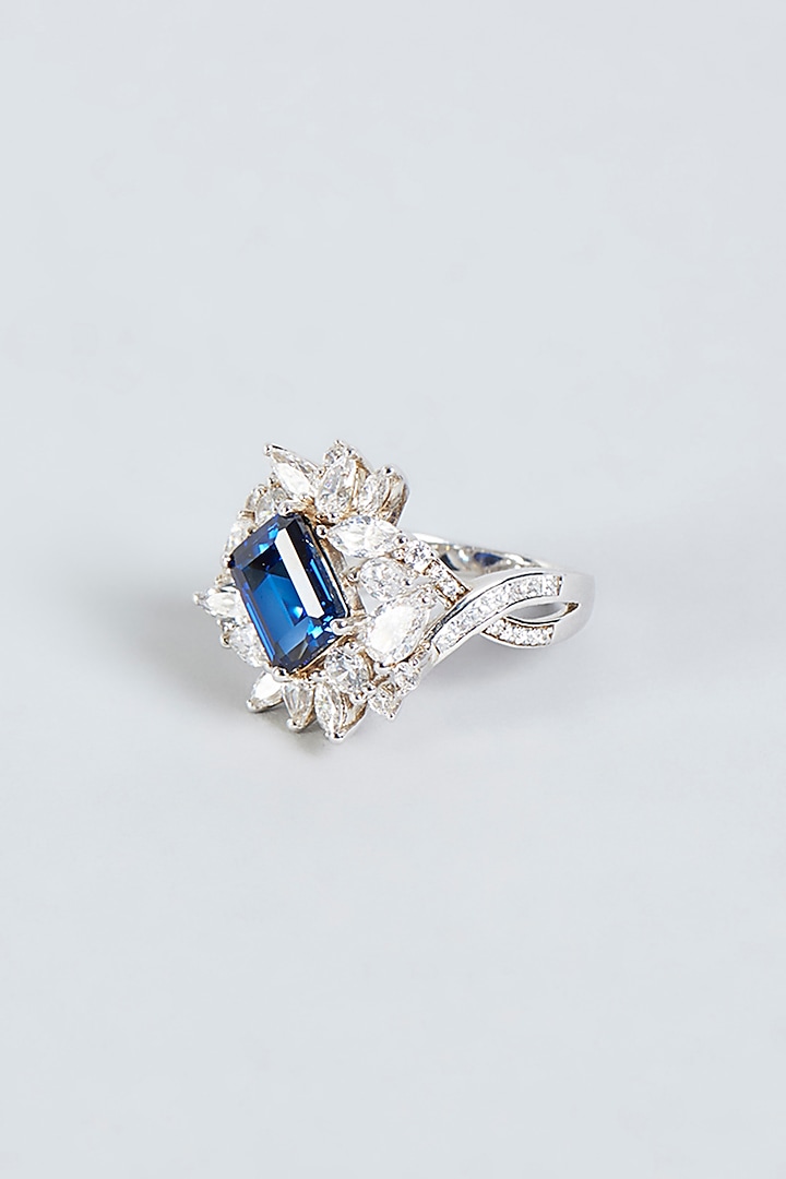 White Finish Sapphire Synthetic Stone Ring In Sterling Silver by Mon Tresor