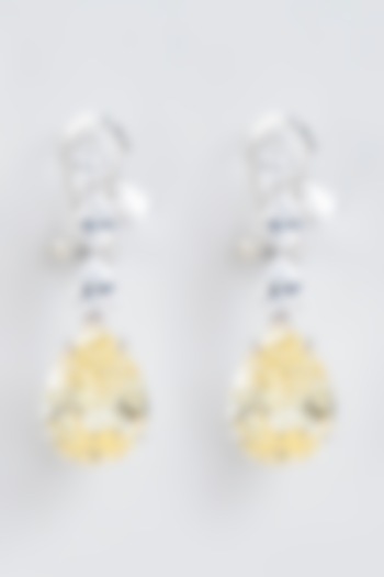 White Finish Diamond Dangler Earrings In Sterling Silver by Mon Tresor