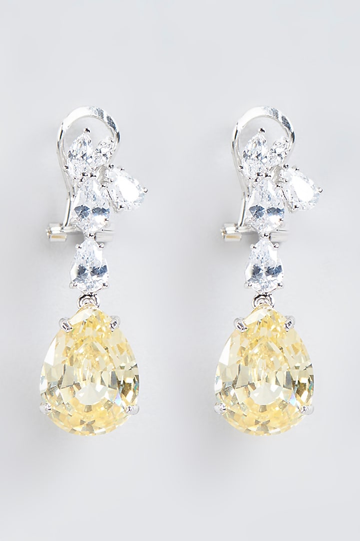 White Finish Diamond Dangler Earrings In Sterling Silver by Mon Tresor