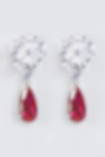 White Finish Ruby Floral Earrings In Sterling Silver by Mon Tresor