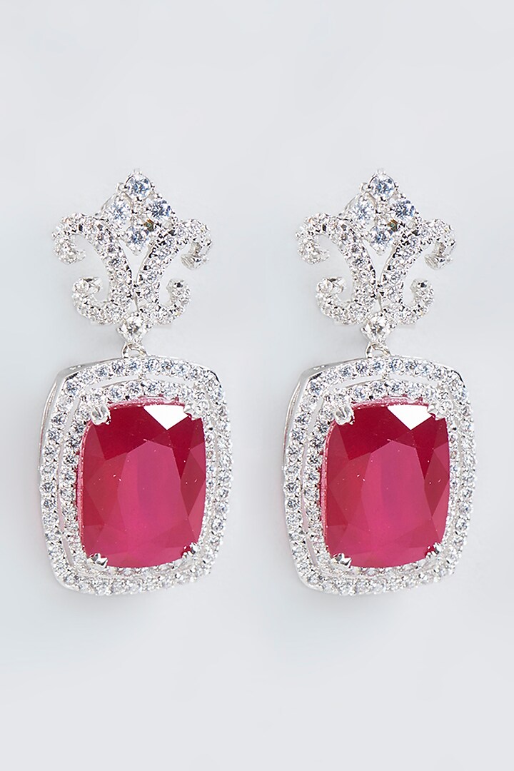 White Finish Ruby Earrings In Sterling Silver by Mon Tresor