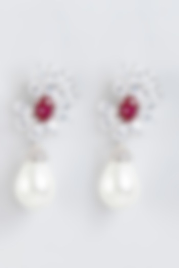 White Finish Pearl Earrings In Sterling Silver by Mon Tresor