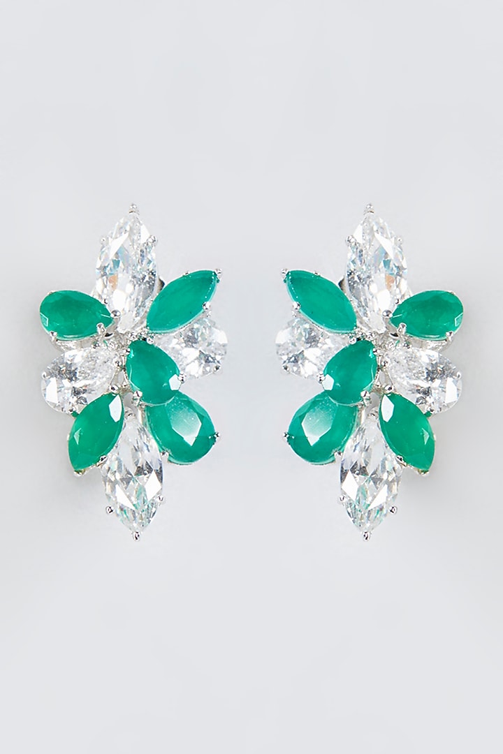 White Finish Emerald Synthetic Earrings In Sterling Silver by Mon Tresor