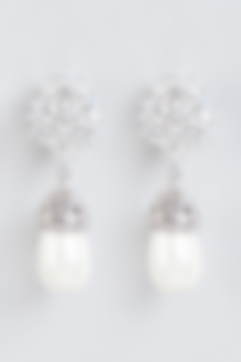 White Finish Pearl Dangler Earrings In Sterling Silver by Mon Tresor