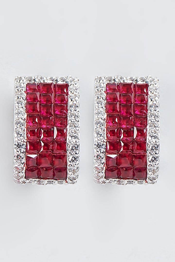 White Finish Ruby Synthetic Stud Earrings In Sterling Silver by Mon Tresor
