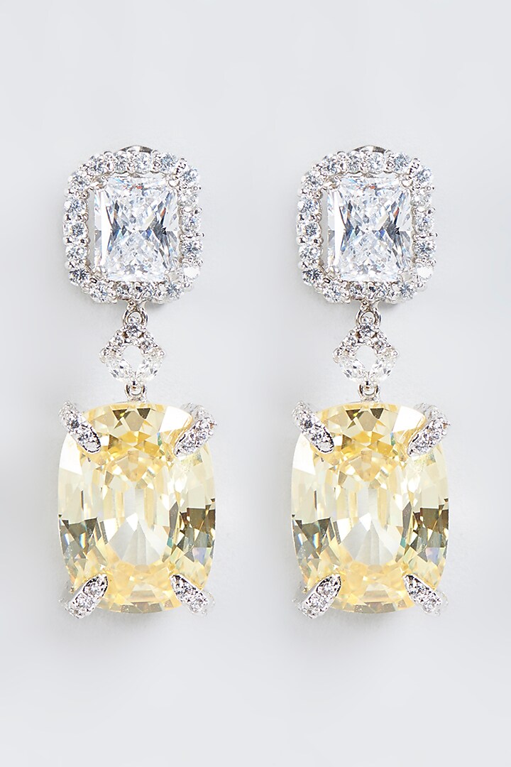 White Finish Yellow Sapphire Dangler Earrings In Sterling Silver by Mon Tresor