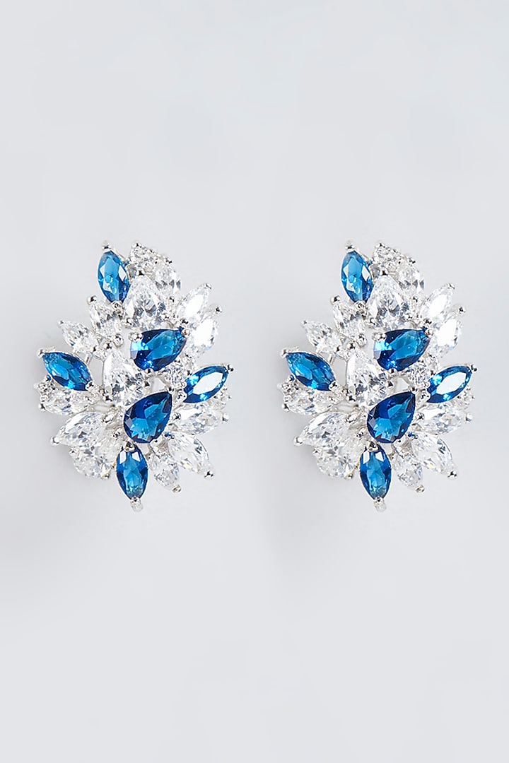 White Finish Sapphire Stud Earrings In Sterling Silver by Mon Tresor