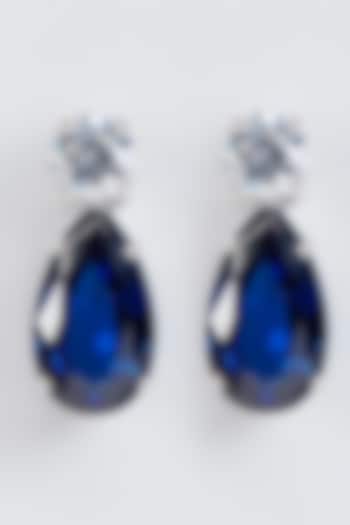 White Finish Solitaire & Sapphire Stud Earrings In Sterling Silver by Mon Tresor