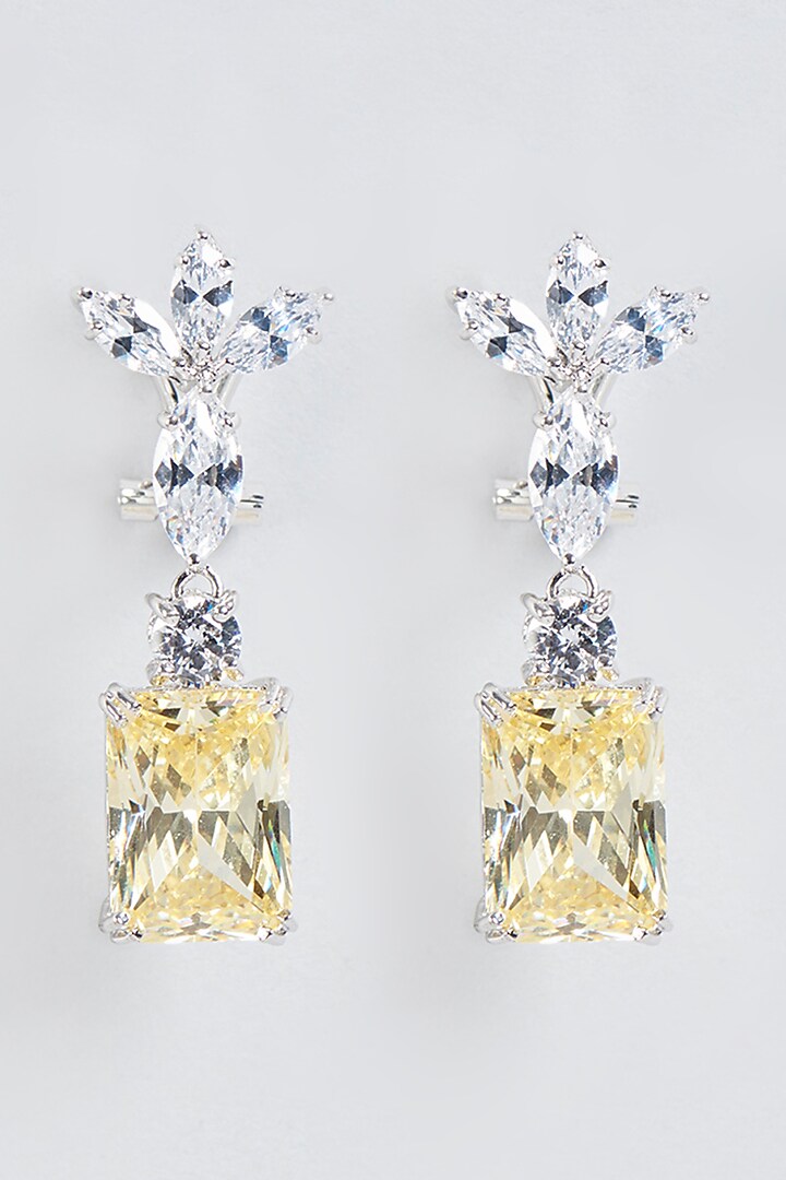 White Finish Yellow Sapphire Synthetic Earrings In Sterling Silver by Mon Tresor