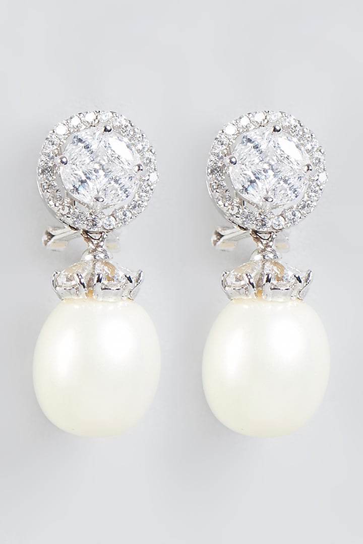 White Finish Solitaire & Pearl Earrings In Sterling Silver by Mon Tresor