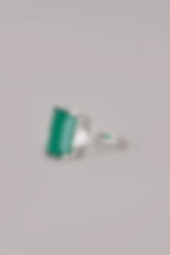 White Finish Green Semi Precious Stone Ring In Sterling Silver by Mon Tresor