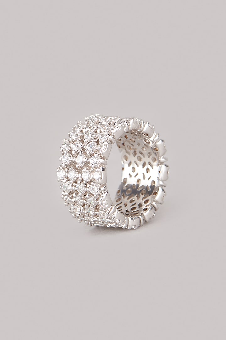 White Finish Zig Zag Diamond Ring In Sterling Silver by Mon Tresor