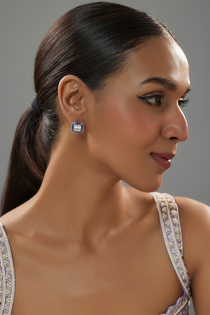 White Finish Asscher Cut Diamond & Blue Sapphire Stone Stud Earrings In Sterling Silver by Mon Tresor at Pernia's Pop Up Shop