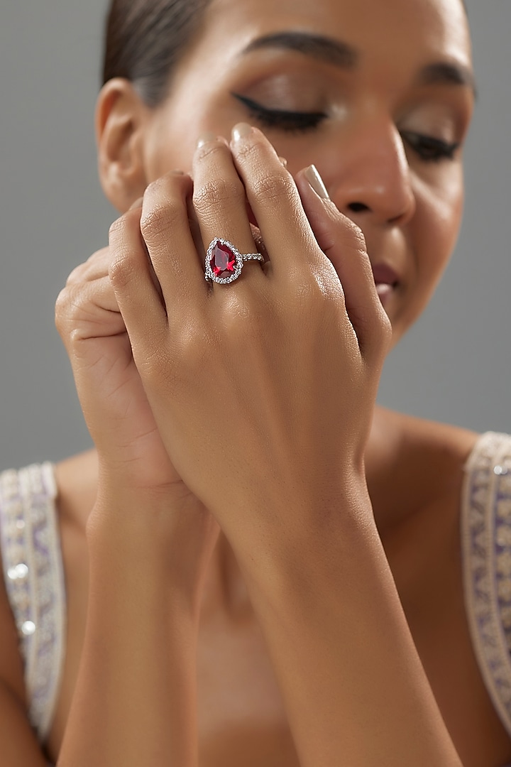 White Finish Diamond Halo & Ruby Semi-precious Stone Ring In Sterling Silver by Mon Tresor at Pernia's Pop Up Shop