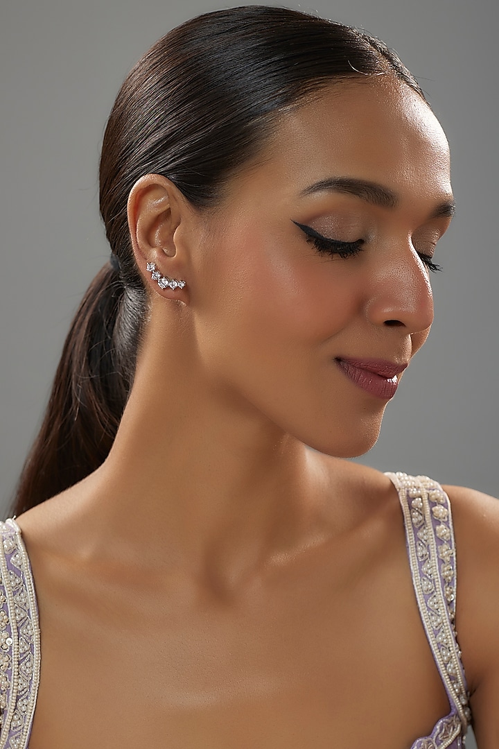 White Finish Zircon Stud Earrings In Sterling Silver by Mon Tresor at Pernia's Pop Up Shop