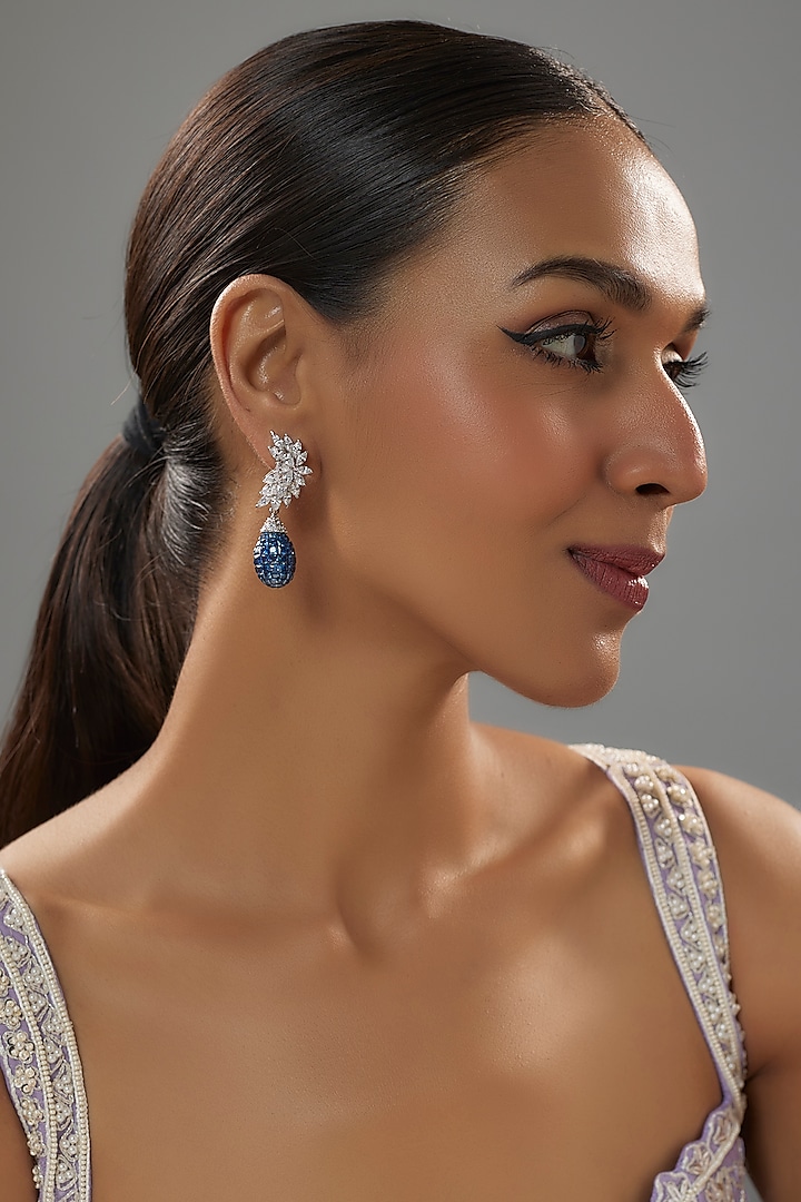 White Finish Zircon & Blue Sapphire Drop Dangler Earrings In Sterling Silver by Mon Tresor at Pernia's Pop Up Shop
