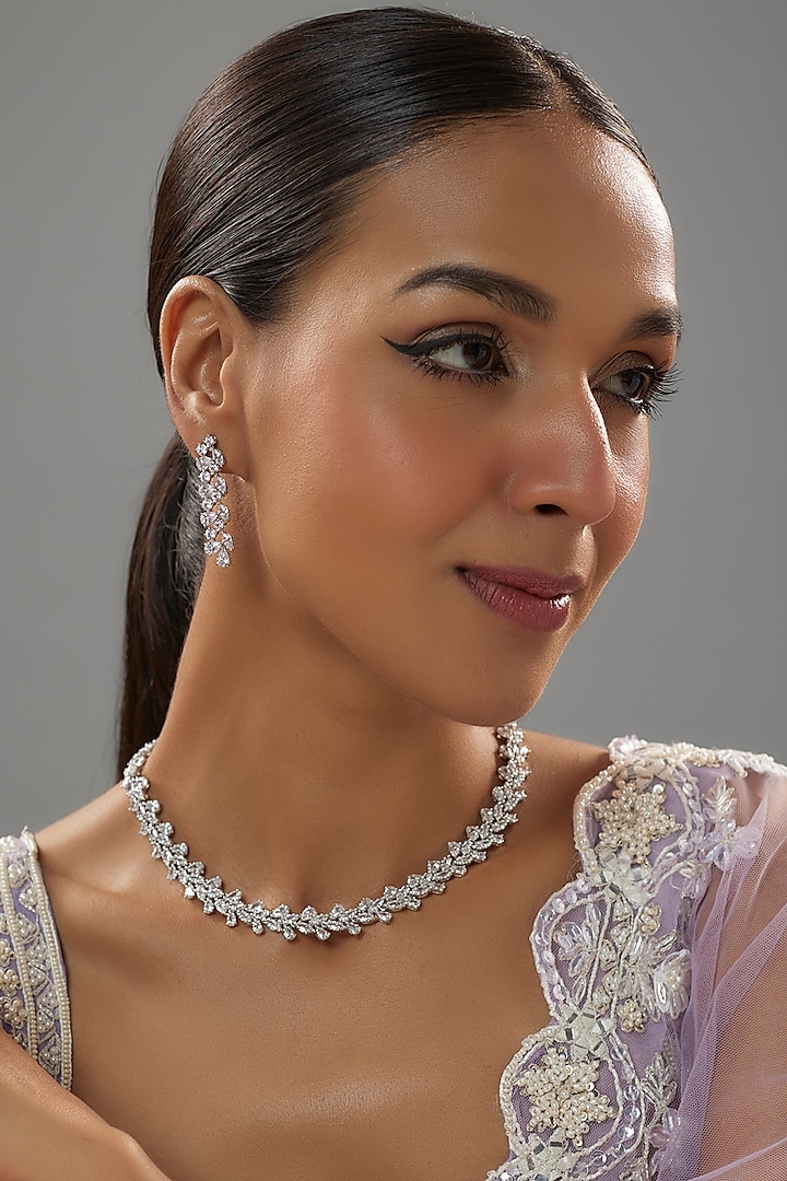 White Finish Pearl & Marquise Shaped Zircon Necklace Set In Hallmark Sterling Silver by Mon Tresor at Pernia's Pop Up Shop