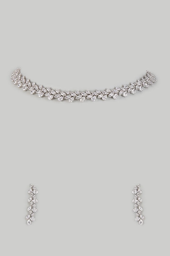 White Finish Pearl & Marquise Shaped Zircon Necklace Set In Hallmark Sterling Silver by Mon Tresor at Pernia's Pop Up Shop