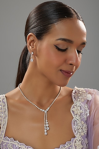 White Finish Zircon Solitaire Long Necklace Set In Sterling Silver by Mon Tresor