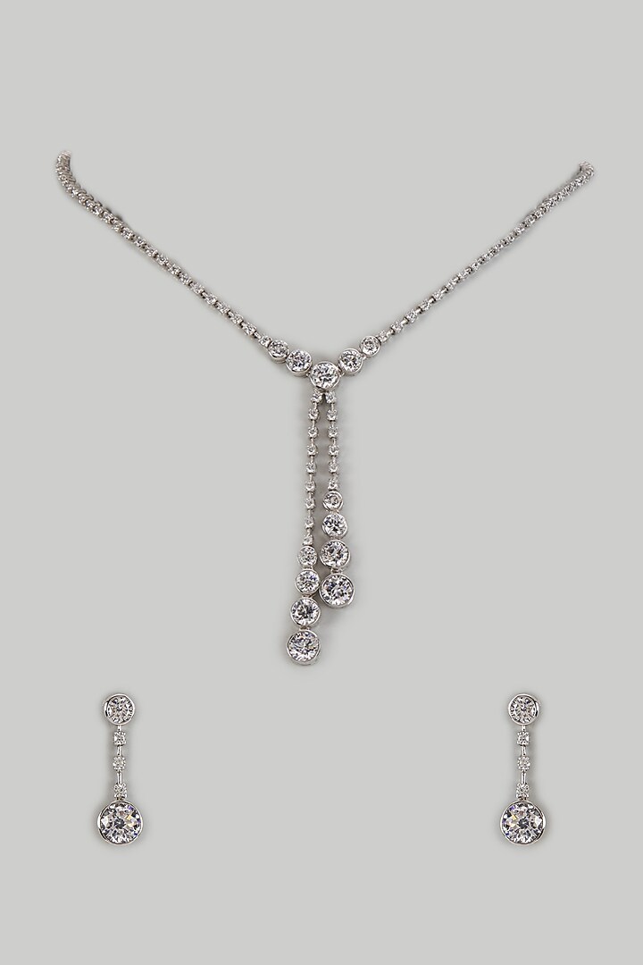 White Finish Zircon Solitaire Long Necklace Set In Sterling Silver by Mon Tresor at Pernia's Pop Up Shop