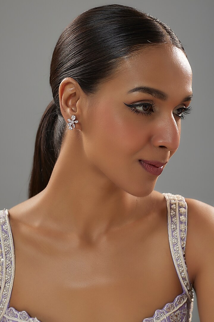 White Finish Zircon Stud Earrings In Sterling Silver by Mon Tresor at Pernia's Pop Up Shop