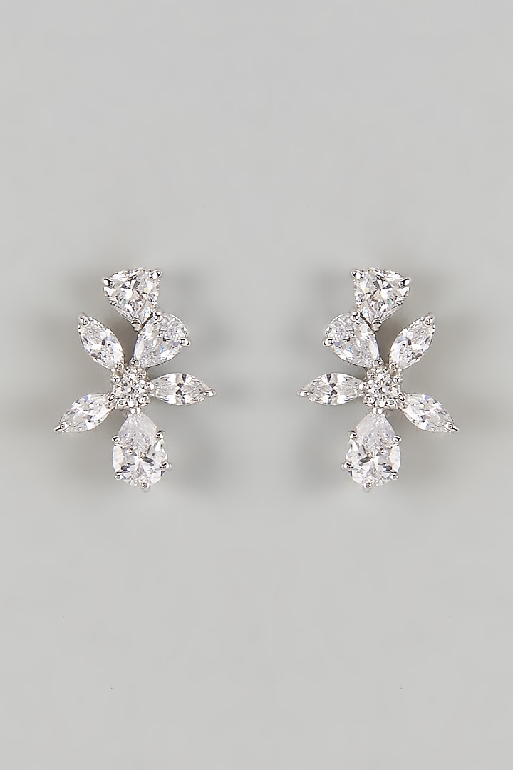 White Finish Zircon Stud Earrings In Sterling Silver by Mon Tresor at Pernia's Pop Up Shop