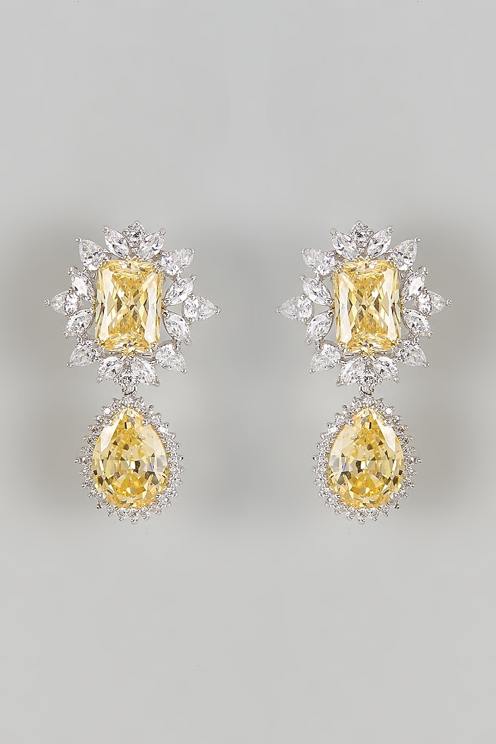 White Finish Yellow Sapphire Stone Dangler Earrings In Sterling Silver by Mon Tresor at Pernia's Pop Up Shop