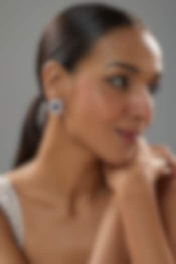 White Finish Halo Diamond & Blue Sapphire Stone Stud Earrings In Sterling Silver by Mon Tresor at Pernia's Pop Up Shop