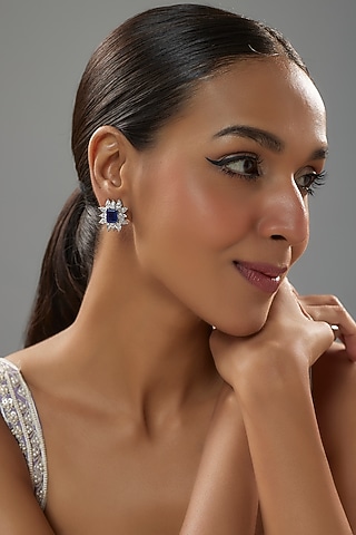 White Finish Halo Diamond & Blue Sapphire Stone Stud Earrings In Sterling Silver by Mon Tresor