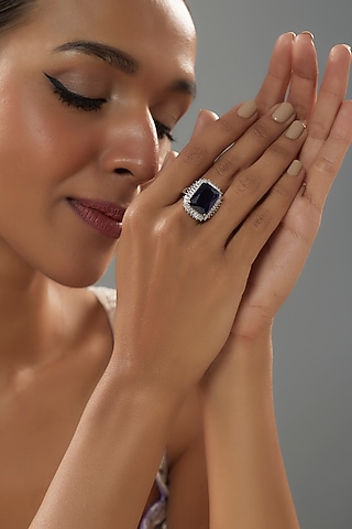 White Finish Halo Diamond & Blue Sapphire Stone Ring In Sterling Silver by Mon Tresor