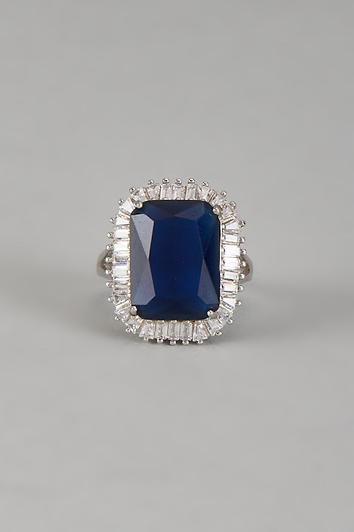 White Finish Halo Diamond & Blue Sapphire Stone Ring In Sterling Silver by Mon Tresor at Pernia's Pop Up Shop