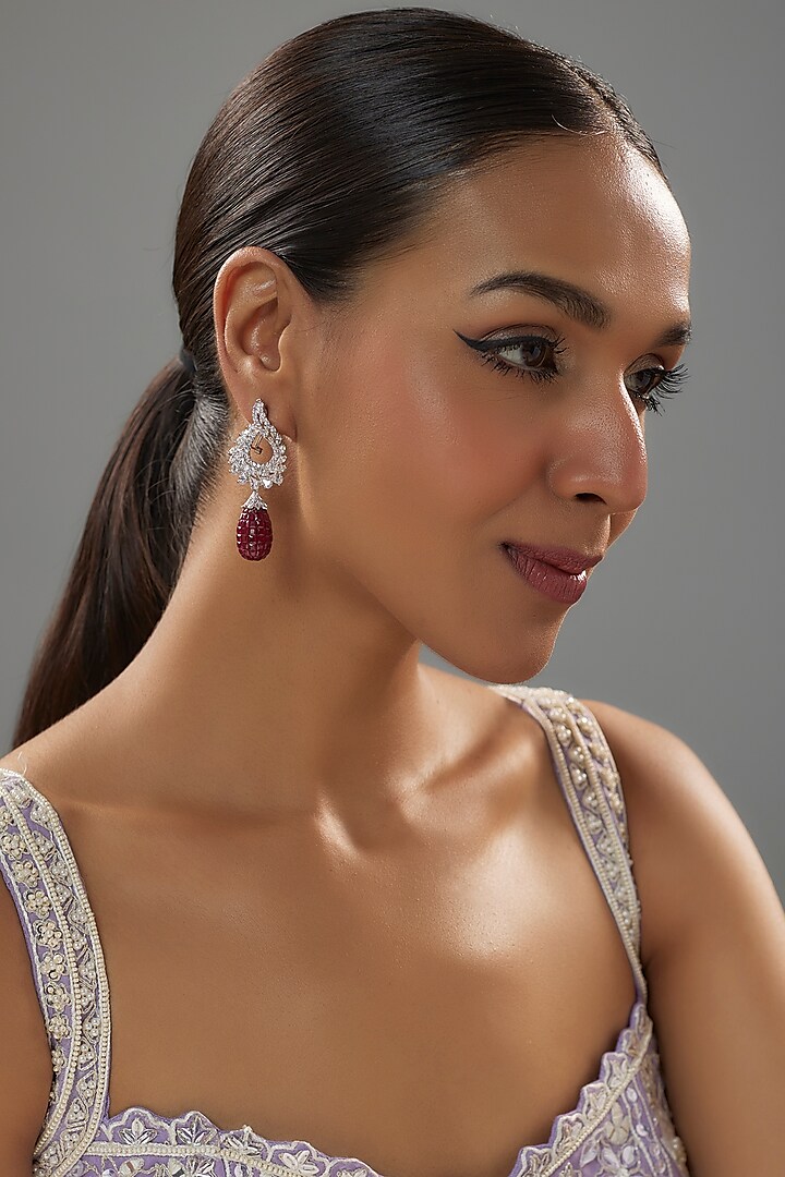 White Finish Zirconia & Ruby Drop Dangler Earrings In Sterling Silver by Mon Tresor at Pernia's Pop Up Shop