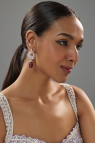 White Finish Zirconia & Ruby Drop Dangler Earrings In Sterling Silver by Mon Tresor