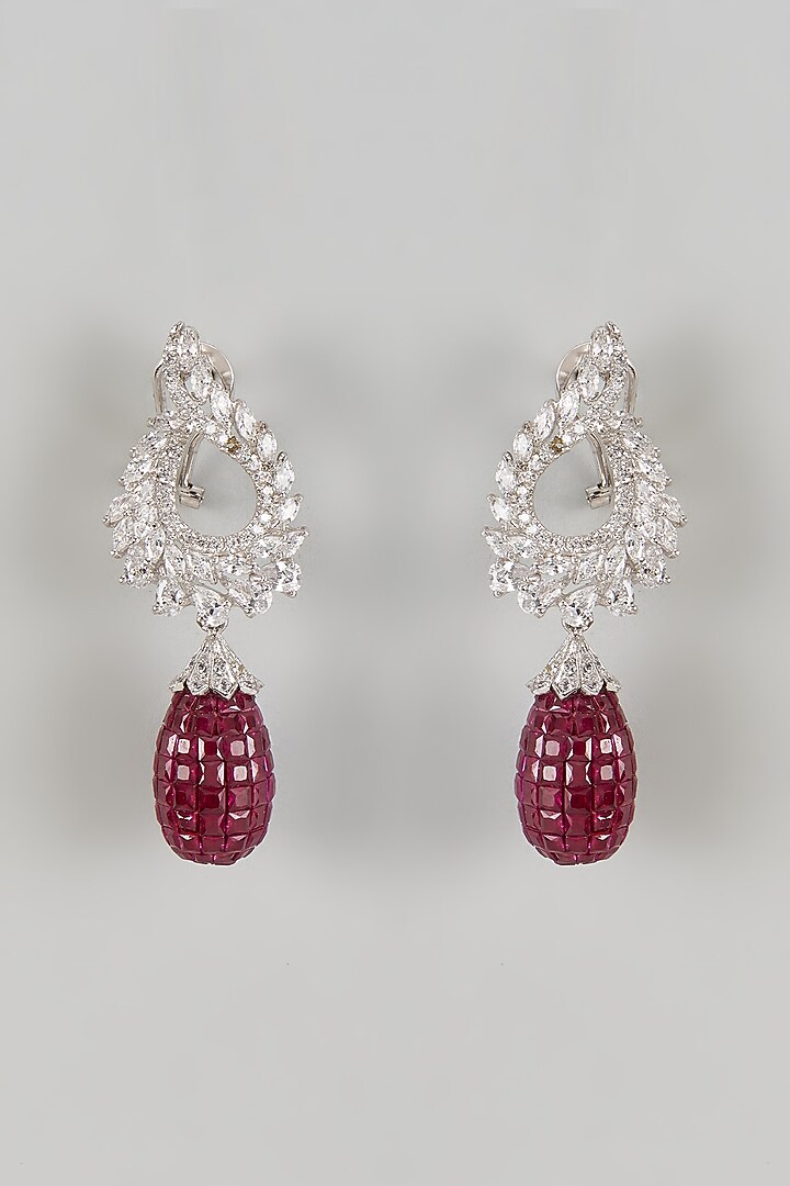 White Finish Zirconia & Ruby Drop Dangler Earrings In Sterling Silver by Mon Tresor at Pernia's Pop Up Shop
