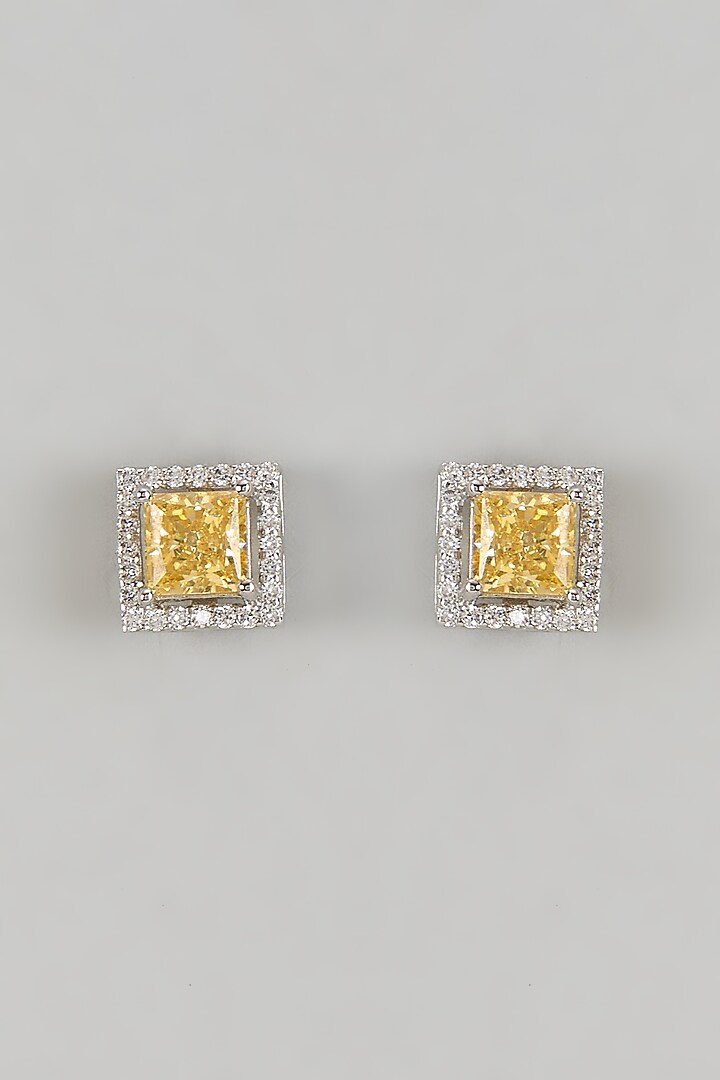White Finish Halo Diamond & Yellow Sapphire Stone Stud Earrings In Sterling Silver by Mon Tresor at Pernia's Pop Up Shop
