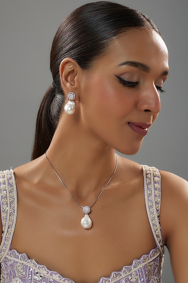 White Finish Baroque Pearl Pendant Necklace Set In Hallmark Sterling Silver by Mon Tresor at Pernia's Pop Up Shop