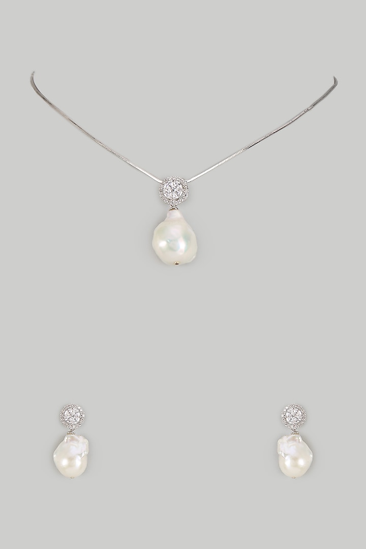White Finish Baroque Pearl Pendant Necklace Set In Hallmark Sterling Silver by Mon Tresor at Pernia's Pop Up Shop