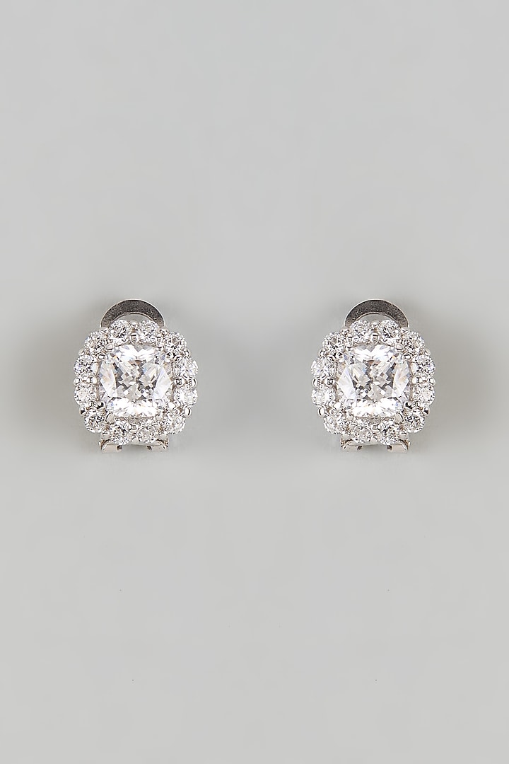 White Finish 4-Carat Cushion Cut Diamond Stud Earrings in Sterling Silver by Mon Tresor at Pernia's Pop Up Shop