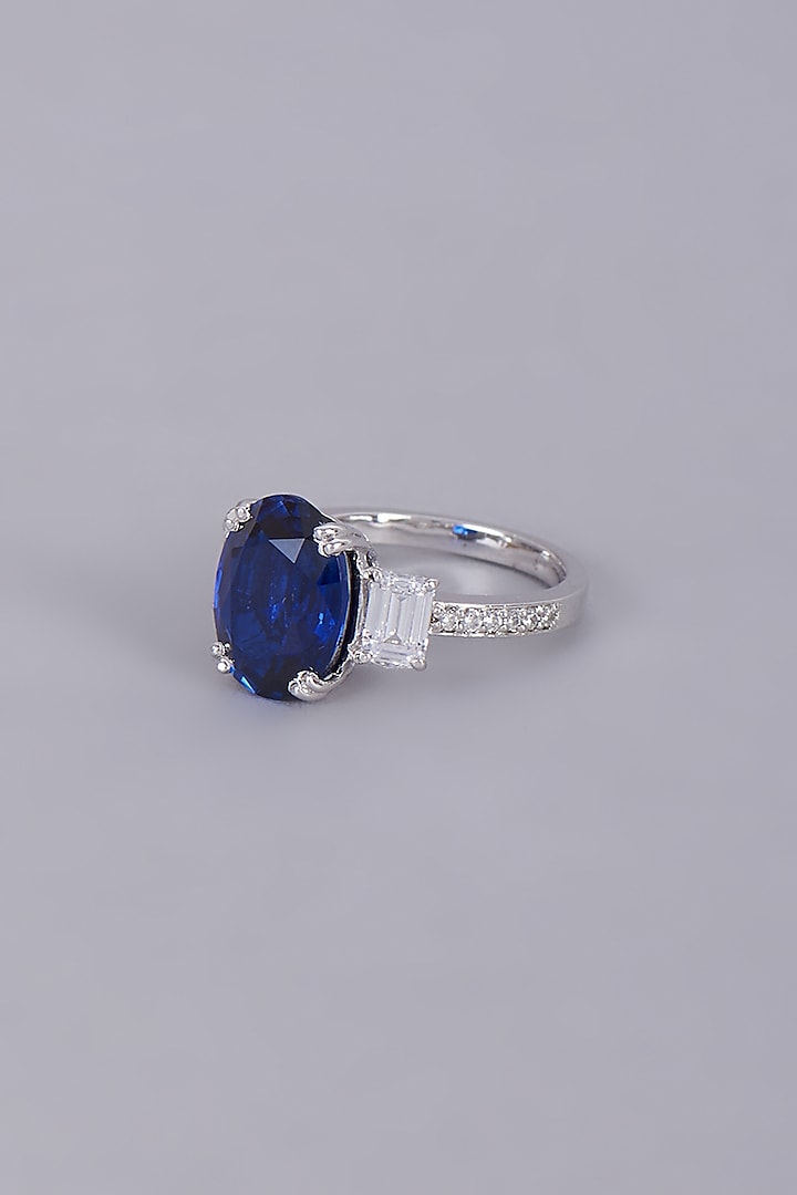White Finish Sapphire Ring In Sterling Silver by Mon Tresor