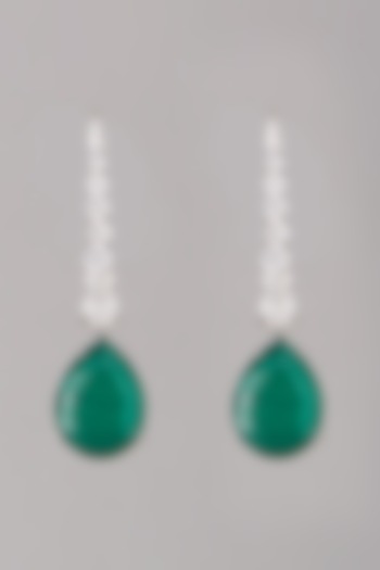 White Finish Emerald Stone Earrings In Sterling Silver by Mon Tresor