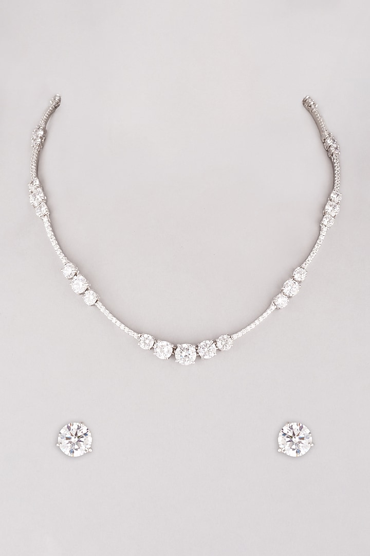White Finish Diamond Necklace Set In Sterling Silver by Mon Tresor
